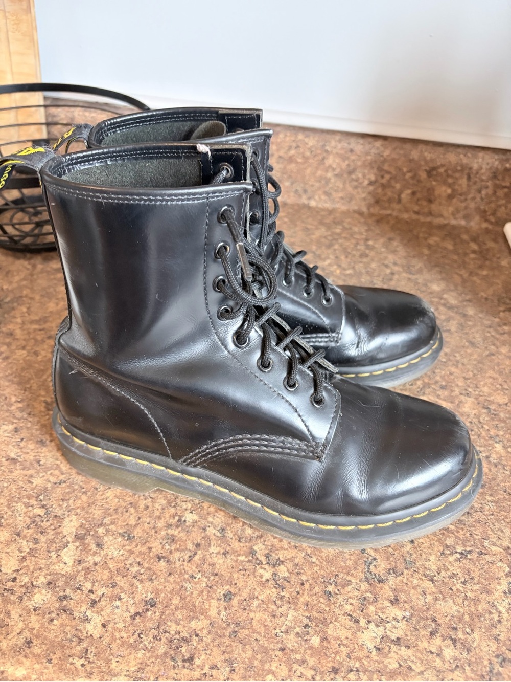 Dr. Martens Black Leather Lace-Up Combat Boots with Yellow Stitching